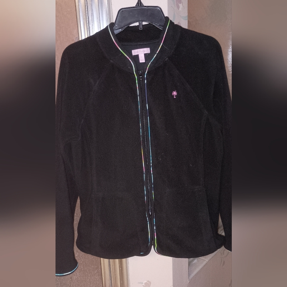 Lilly Pulitzer Black Fleece Jacket Ladies Large with Rainbow Piping